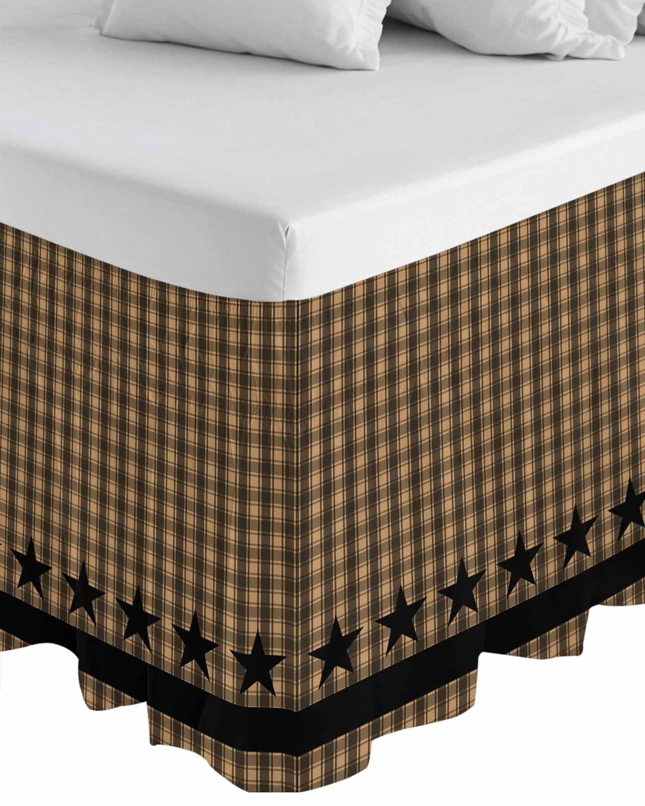 Brown Black Plaid Bed Skirt Queen Size, Vintage Rustic Star Buffalo Check Wrap Around Bed Skirting with Adjustable Elastic Strap, Dust Ruffle Pleated Bedskirts 16 Inch Drop for Bedroom Queen Beds