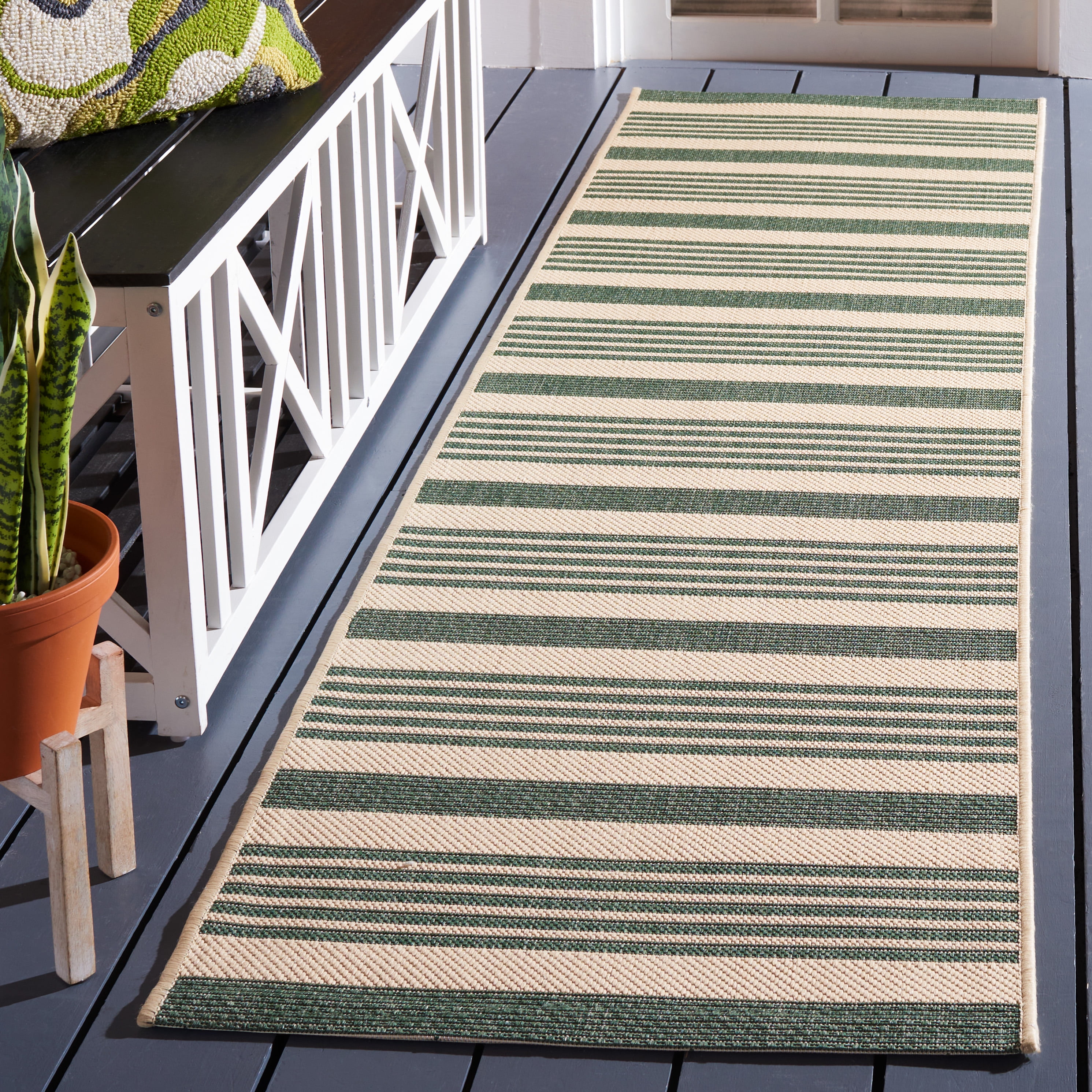 Safavieh Courtyard Caroline Striped Indoor/Outdoor Runner Rug, Beige/Dark Green, 2'3" x 12'