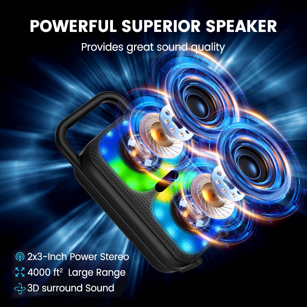 Rechargeable Bluetooth Speaker - RGB Lights, TWS Stereo Pairing, 10m Stable Connection, 1500mAh Type-C Charging, USB/TF/FM/Mic, Portable Handle for Outdoor/Party/Camping