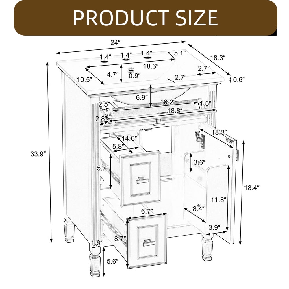 WGYPRIME 24" Bathroom Vanity with Sink, Modern Bathroom Storage Cabinet with Flip Drawer and 2 Standard Drawers, Freestanding Solid Wood Bathroom Cabinet