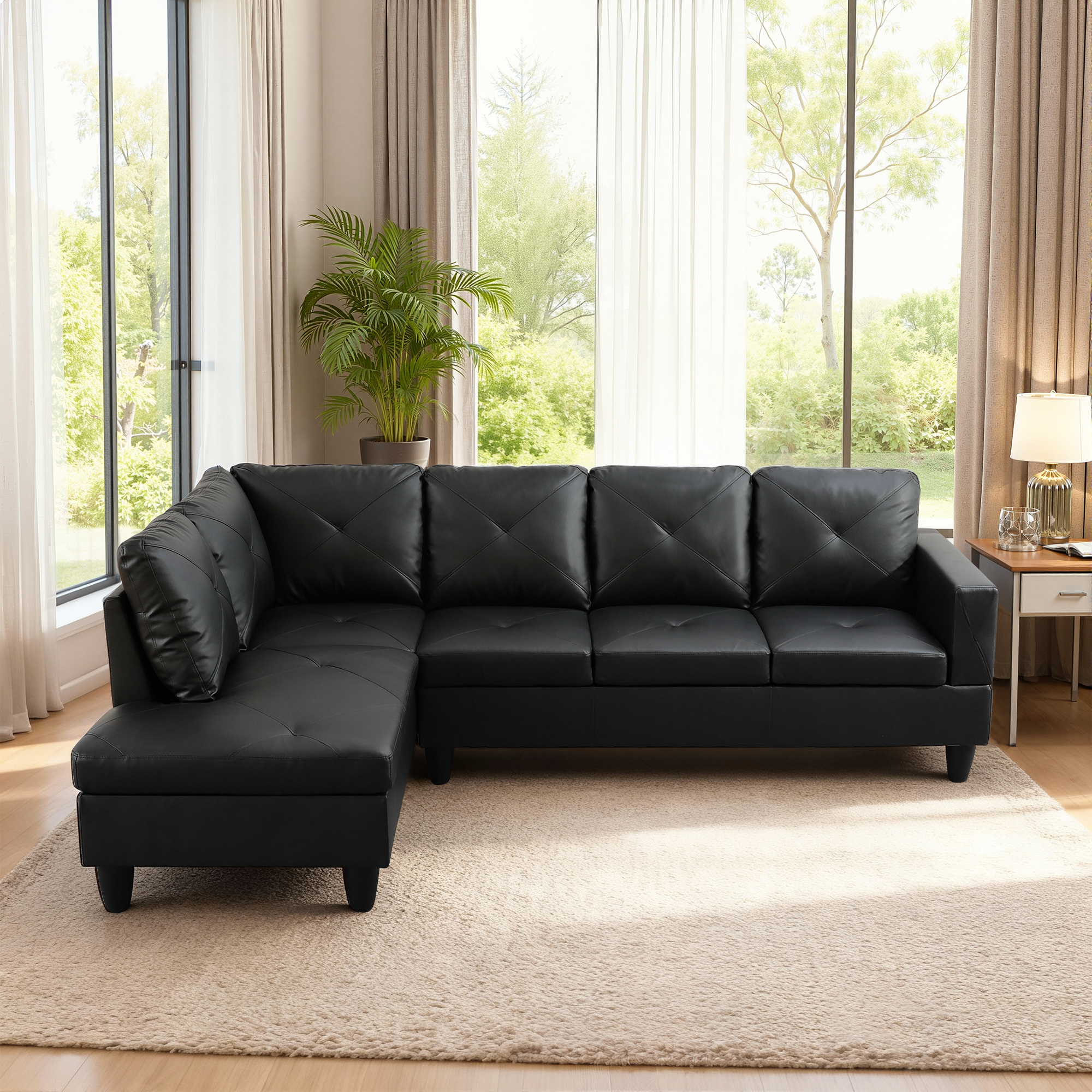 MAYEERTY 97" Faux Leather Sectional Couches, 2-Piece Modular Sofa Set with Reversible Chaise without Ottoman, Black (Left)