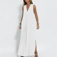 thumbnail image 4 of Vestido largo sin mangas con cuello en V para mujer: color liso, estilo boho, abertura delantera, mezcla de poliéster y spandex, largo hasta el tobillo, para verano, 4 of 8