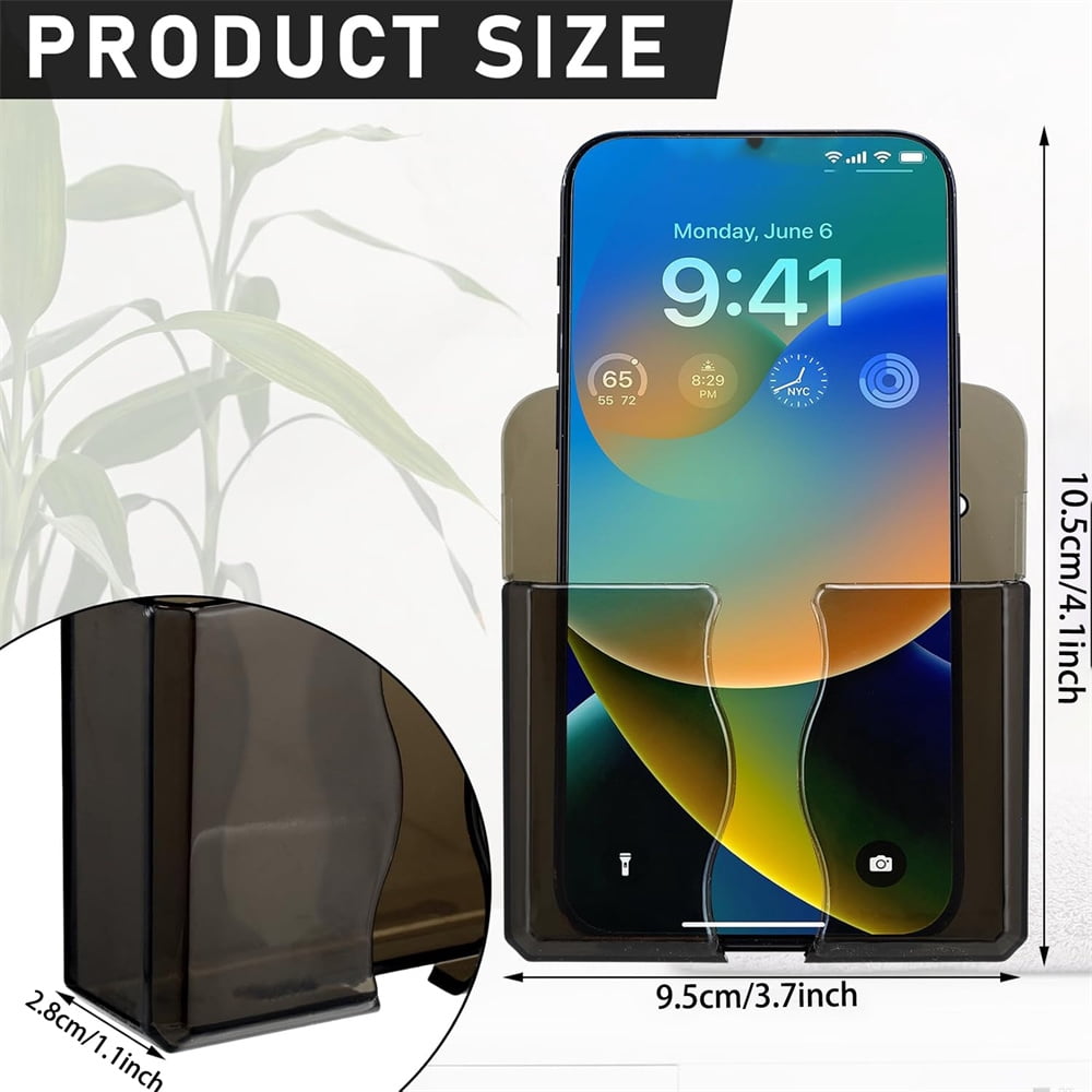 NOGIS 6 Pcs Wall Mounted Phone Holder Self Adhesive Cell Phone Stand with Charging Hole Acrylic Remote Control Stand Bedside Organizer for RV Bed Desk Shower Most Smartphone (Clear Black)