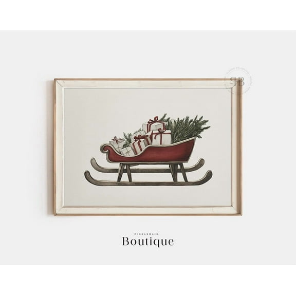 Kna Prints - 1 Pc Poster Christmas Sleigh Wall Art Print Vintage-Style Rustic Holiday Decor Festive Red Sleigh With Gifts For Seasonal Home Decoration, No.522, UNFRAMED-8x12