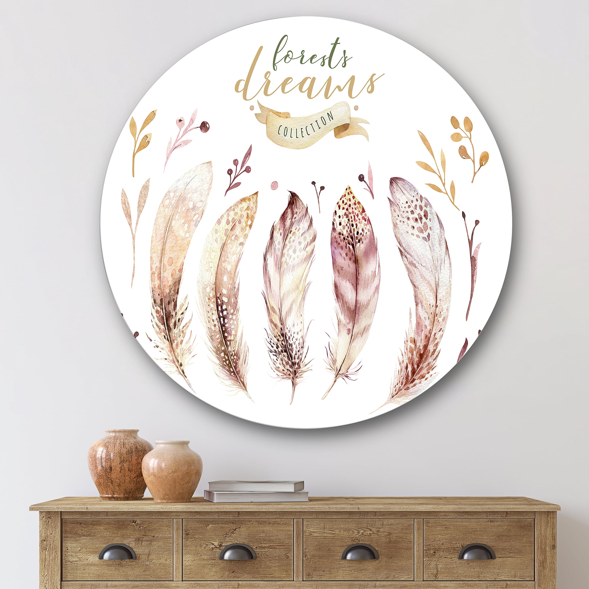 Designart 'Vital Feathers In Ethnic Boho Style' Bohemian & Eclectic Circle Metal Wall Art 29x29 - Disc of 29