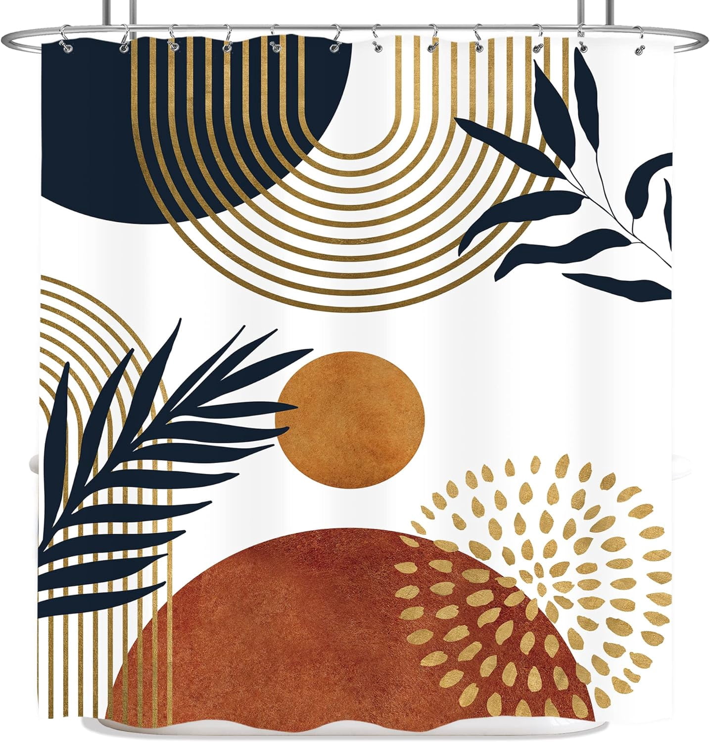 Boho Mid Century Shower Curtain 60Wx72H Inches Abstract Golden Dots Leaves Modern Geometric Minimalist Aesthetic Bathroom Cloth Fabric Waterproof Polyester Home Decor Set with Hooks