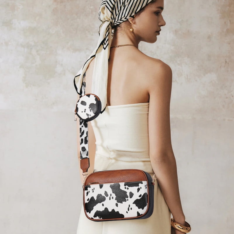 FALAN MULE Women's Leather Crossbody Bag, Cow Print Cell Phone Purse, Triple Zip Pocket, Adjustable Shoulder Strap