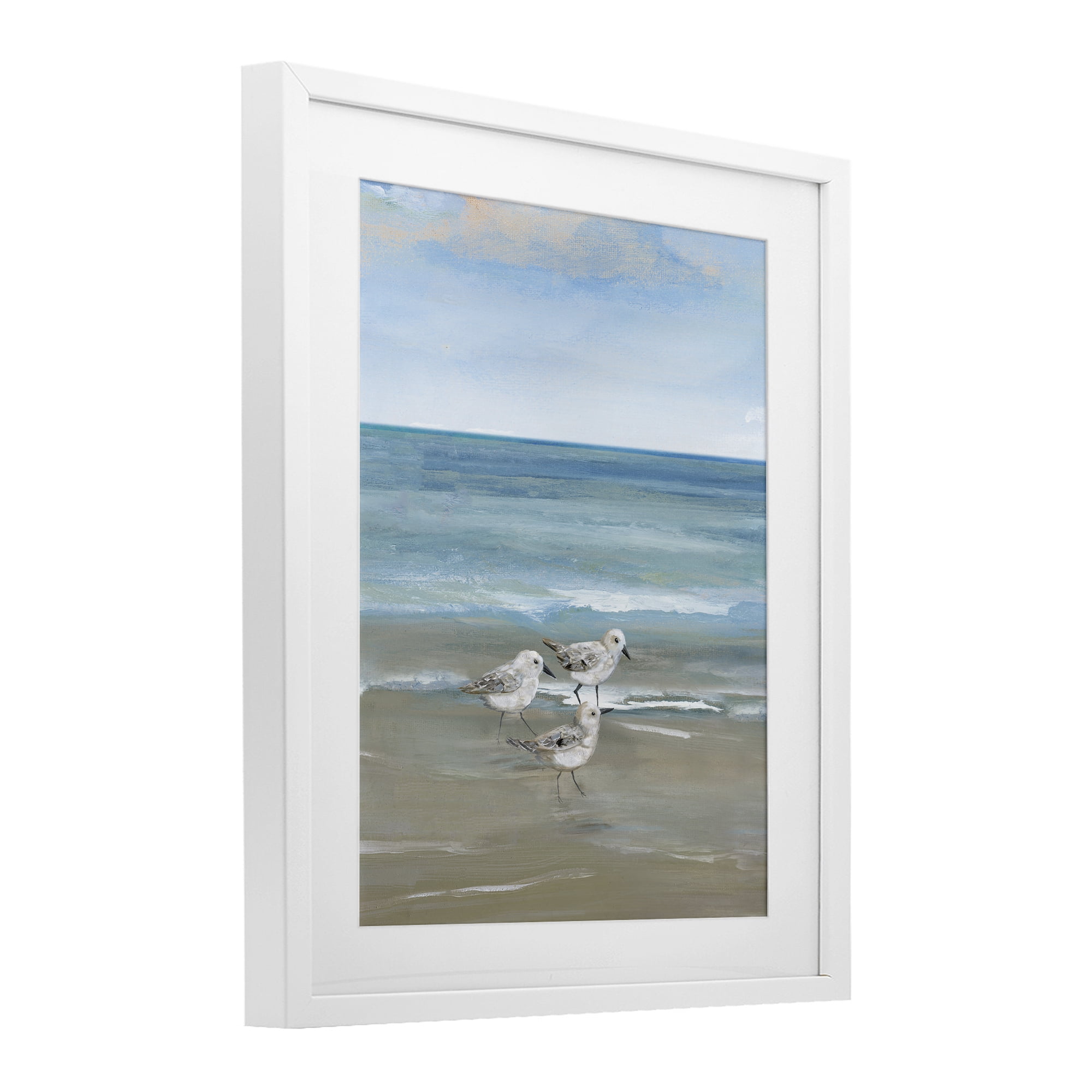 Stupell Industries Three Shorebirds & Gentle Waves White Framed Print Under Glass, design by Nan