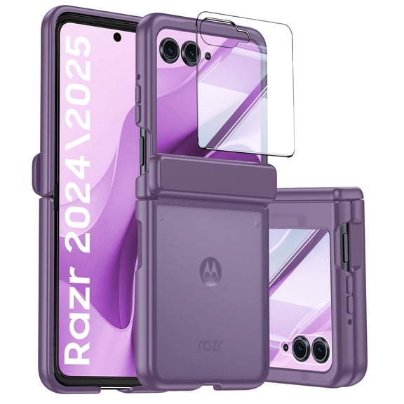Vizvera for Motorola Razr 2026/2025/2024 Phone Case,With Hinge Protection,Screen Protector,Skin Feel Translucent Frosted,Wireless Charging-Purple