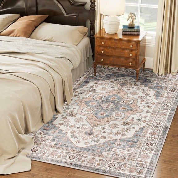 Resenkos 5x7 Vintage Machine Washable Area Rug - Non-Slip Carpet for Living Room, Bedroom, Dining Room, Brown & Light Blue