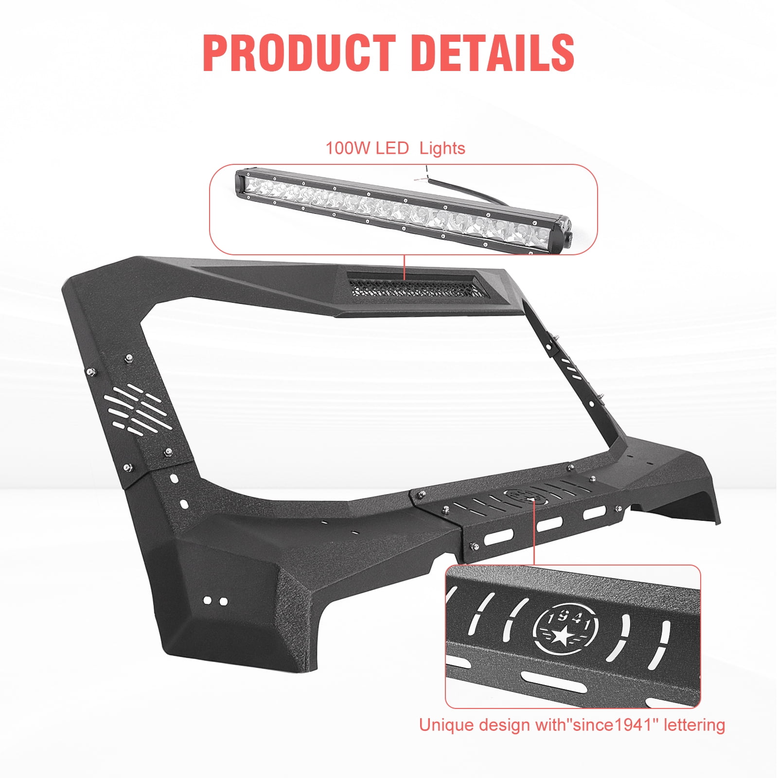 TOKMOWIN Madmax Windshield Frame Cover Armor Compatible with 2007-2018 Jeep Wrangler JK & Unlimited 2/4 Door,Sun Visor Cover with 100W LED Lights