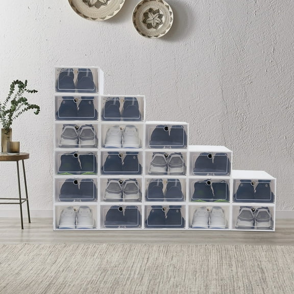 Miumaeov 20pcs Shoe Storage Boxes Stackable Shoe Organizer Foldable Shoe Display Box with Front Opening Lids Clear Platic Shoe Container Boxes for Closet Bedroom Bathroom 13"x 9"x 5.5" White