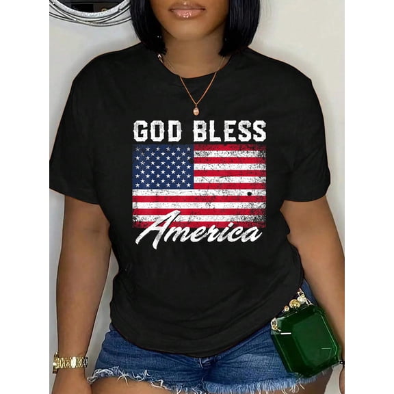 God Bless America USA Flag 4th of July Patriotic T-Shirt Small Women's Graphic Tee Casual Tops