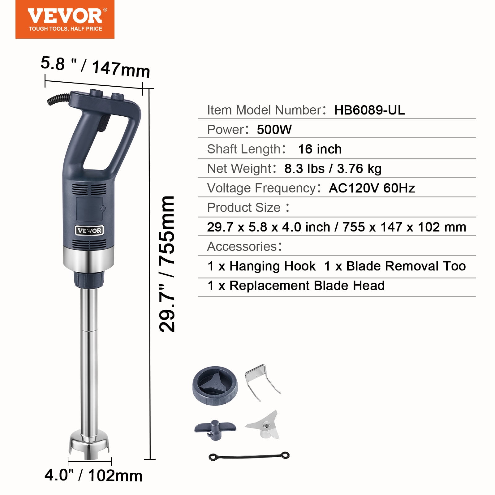 VEVOR Commercial Immersion Blender 500W Heavy Duty Hand Mixer for Soup  Sauces - Walmart.ca