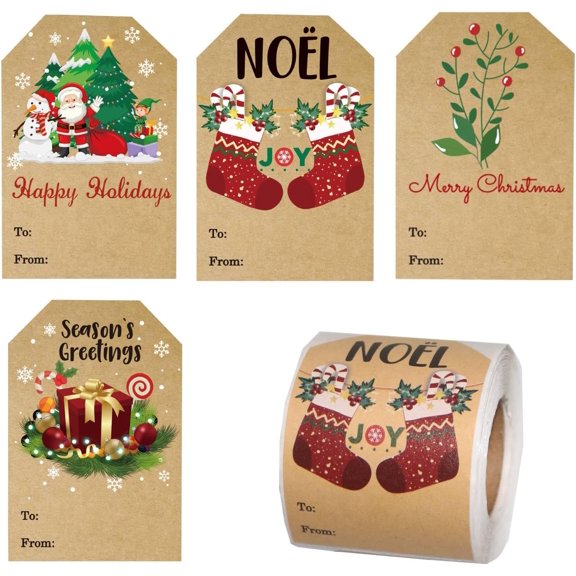 Christmas Gift Tags, 200PCS Christmas Labels, Holiday Present Stickers, Christmas Self Adhesive Gift Tags Stickers, Christmas Santa Presents Labels to from Name Tags for Gift
