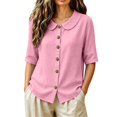 thumbnail image 4 of VBVC Women's Cotton Linen Button Down Shirt , Ladies' Peter Pan Collar Short Sleeve Blouse , Casual Summer Work Tops For Women, S-2XL, 4 of 6