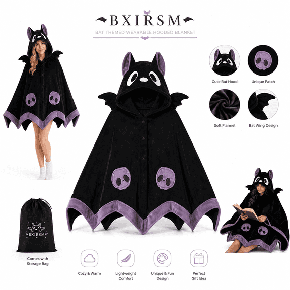 Bat Blanket Hoodie for Women Adults, Wearable Hooded Blanket Cape with Bat Ears & Wings, Soft Coral Fleece Throw Cloak, Cozy Halloween Costume Loungewear for Party & Winter