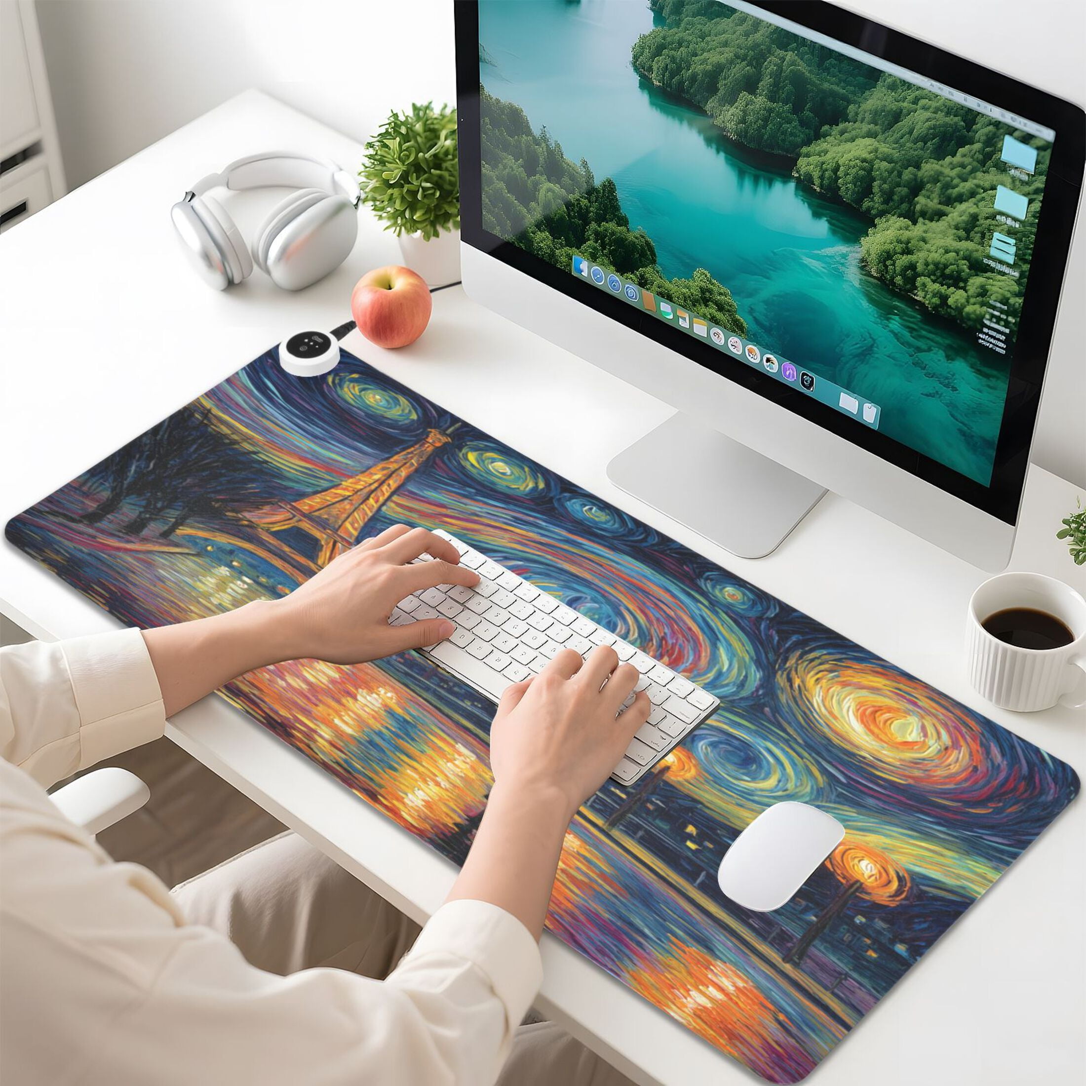 Large Heated Desk Mat Mouse Pad 31.5"x13"PU Leather Graphene Heating Desk Warmer with 3 Temperature Settings 110V US Plug Non-Slip Warm Pad for Home, Office, and Gaming Eiffel Tower under The Stars