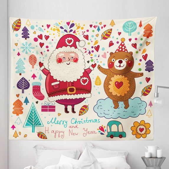 Christmas Tapestry, Santa and Teddy Bear Vintage Christmas Season Ornaments Party Theme, Fabric Wall Hanging Decor for Bedroom Living Room Dorm, 5 Sizes, Multicolor, by Ambesonne