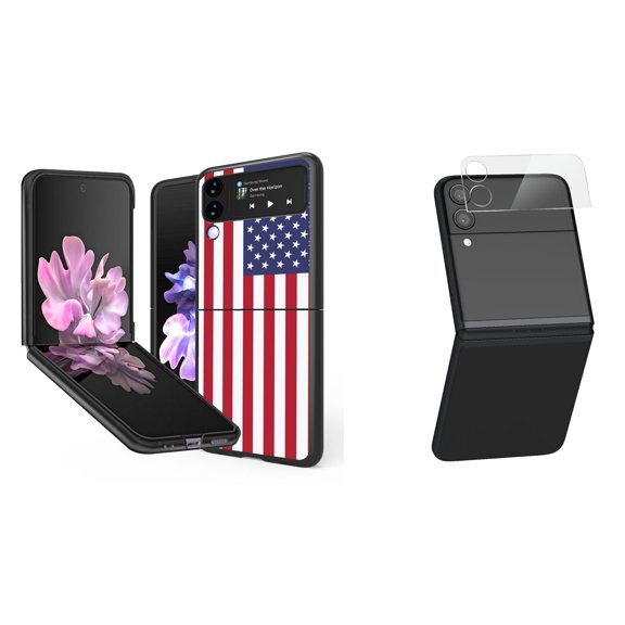 Bemz Premium Bundle for Samsung Galaxy Z Flip 3 5G: Slim Snap-On Protector Case (American Flag), Rear Camera Glass Protector