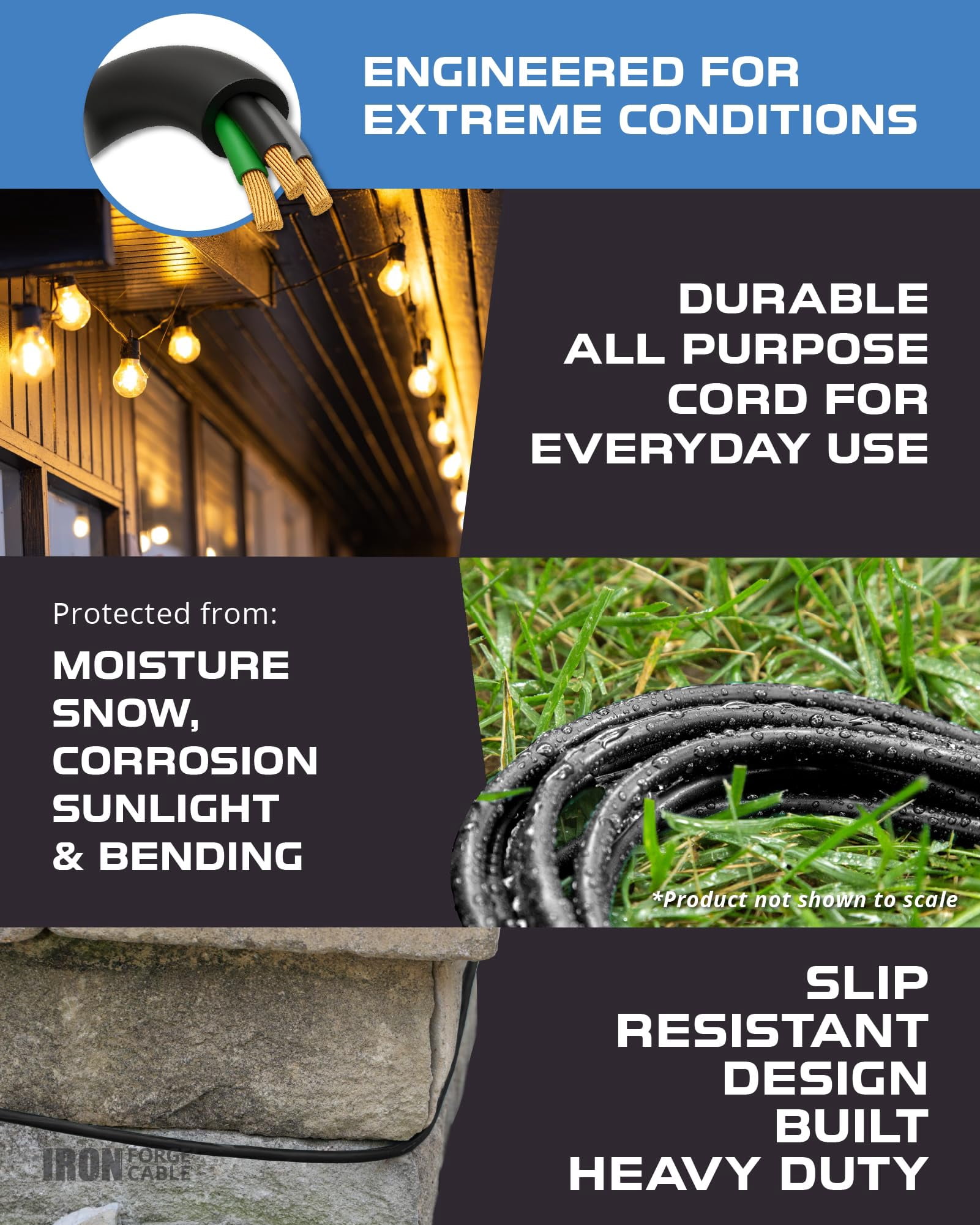 Iron Forge Cable 15 Ft Black Extension Cord with 3 Outlets - 16/3 SJTW 15 Foot 3 Outlet Outdoor Extension Cord 3 Prong, Weatherproof Exterior Power Cable for Outdoor