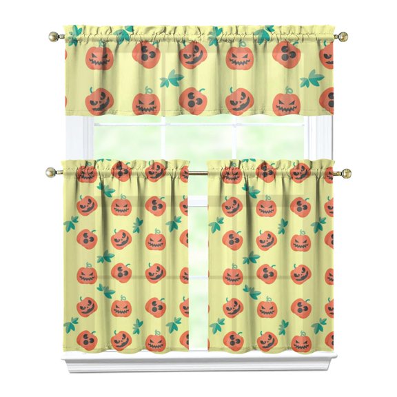 Halloween Trick or Treat Curtains - Cute Ghost Pumpkin Illustration Kitchen Tier Set Semi-Sheer