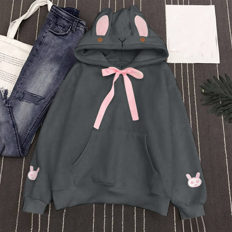 Baberdicy Y2K Hoodie Casual Sweatshirts for Womens Rabbit Ears Hoodies Fall Fashion Long Sleeve Casual Drawstring Sweatshirts Lady Blouse Dark Gray Walmart