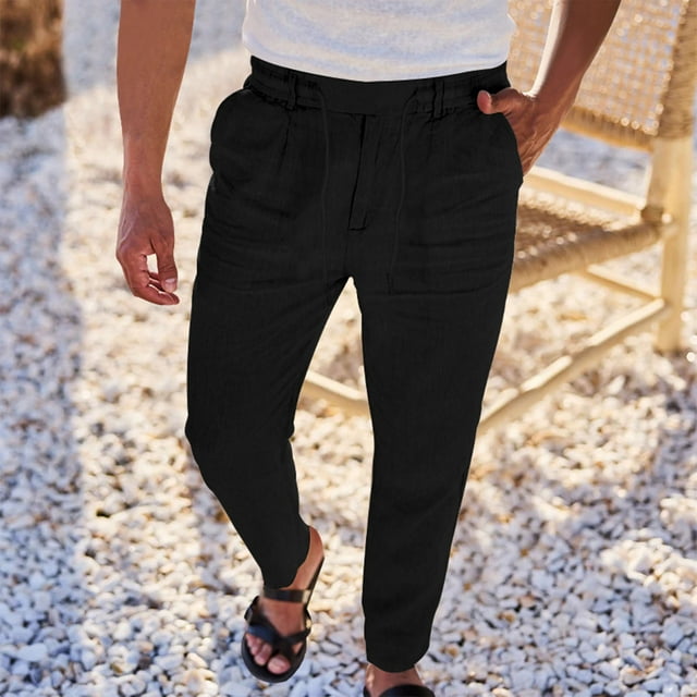 AherBiu Mens Pants Drawstring Elastic Waisted Straight Leg Pants With Pockets Lightweight Solid Color Casual Loose Trousers