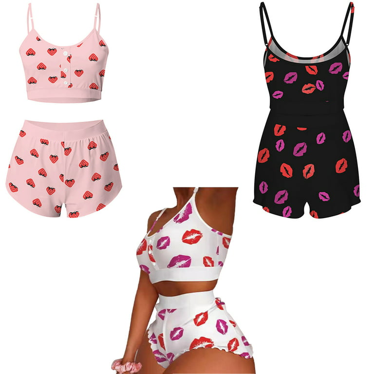 Women 2 Piece Kawaii Strawberry Print Ruffle Hem Cami Pajama Set Femme Cute  Crop Top & Shorts Suits Lady Sleepwear Y2k