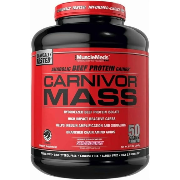 MuscleMeds Carnivor Mass Gainer – 50g Beef Protein Isolate, Clean Carbs – Lactose Free, Sugar Free, Muscle Building Weight Gainer, Strawberry, 6 lb, 14 Servings