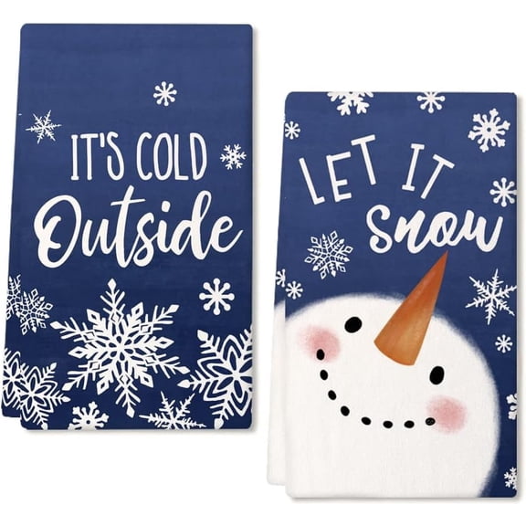 2PCS Snowman Christmas Kitchen Towels Holiday Home Indoor Bathroom Party Seasonal Decorations Blue Snowflake Let It Snow Winter Dish Hand Towels