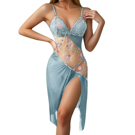 Ladies Nightgowns Babydoll Dress For Women Blue Lingerie Hollow Irregular Embroidery Flower Nightgowns For Women Sexy Lingerie For Women Plus Size