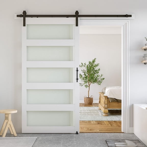 Easy4Home 40"x 84" Glass Sliding Barn Door With 7ft Sliding Door Hardware Kit & Handle Pre-Drilled