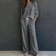 thumbnail image 2 of Women's Waffle Knit 2 Piece Tracksuit Outfit Henley Long Sleeve Top and Drawstring Wide Leg Pants Soft Comfy Loungewear Casual Travel Vacation Streetwear Set Gray, 2 of 5
