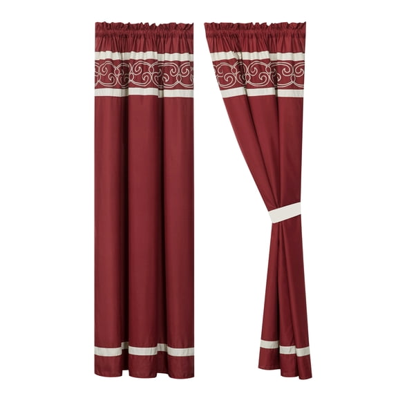4-Piece Freya Curtain Set Drape Sheer Liner|Scroll Embroidery Stripe|Rod Pocket|Burgundy Beige