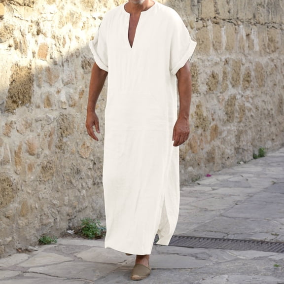 Ulitacool Mens Clothes V-Neck Short Sleeve Long Tunic Shirts For Summer Solid Color Blouse 2Xl White
