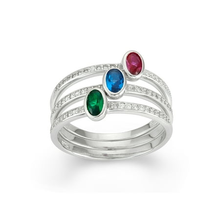 Real Ruby Emerald Sapphire (Simulated Emerald, Created Blue Sapphire and Created Ruby 6mm x 4mm Oval-Cut 3-Piece Sterling Silver Stackable Ring)