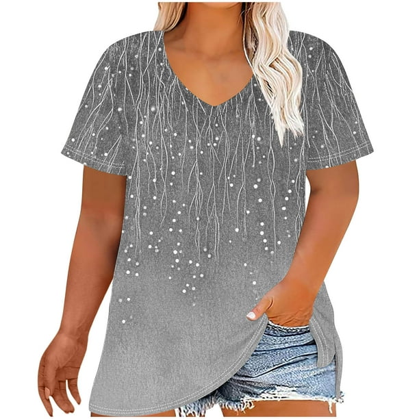 Camiseta de Base de Impresión de Manga Corta con Cuello en V para las Mujeres, Más Tamaño Estante de Imitación Casual Superior