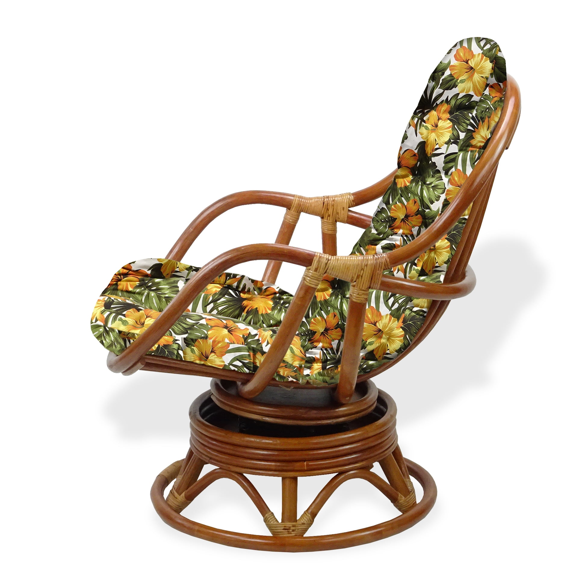 Bali Lounge Swivel Rocking Chair with Floral Cushion Rattan Wicker Handmade, Colonial Color