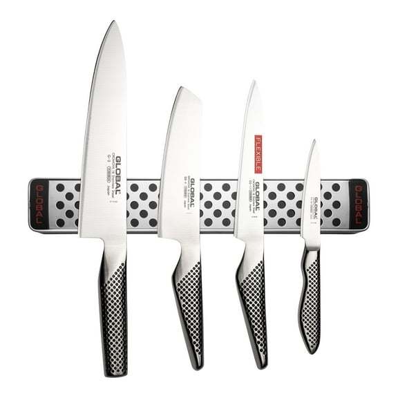 Global 5-PC G-42 Magnetic Knife Bar Set with Chef`s Knife, Vegetable Knife, Utility Knife, Paring Knife - Stainless Steel (I00048)