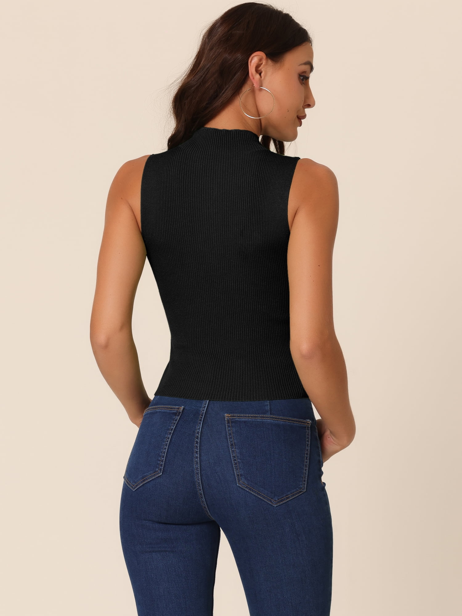 Unique Bargains Women's Mock Neck Knit Sweater Vest Sleeveless Trendy Ribbed Tank Tops S Black