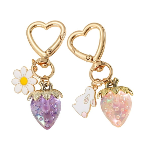 Pack Of 2 Strawberry Keychains Heart Rabbits Flower Charm Keyrings For Women Girls Handmade Bag Accessories