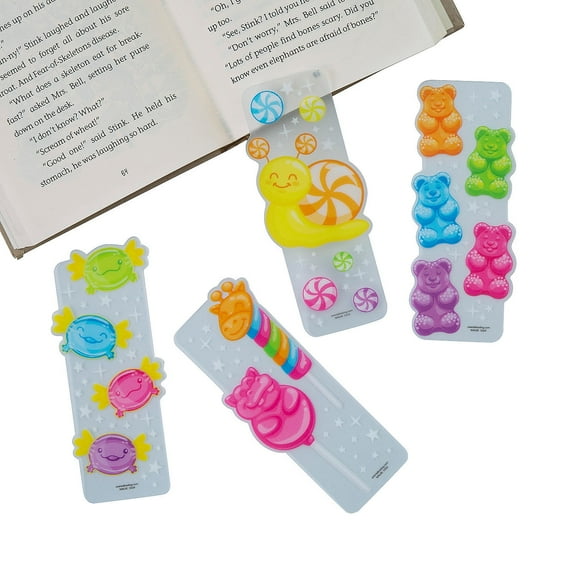 Fun Express Bulk 48 Pieces Candy Critters Transparent Bookmarks with Glitter