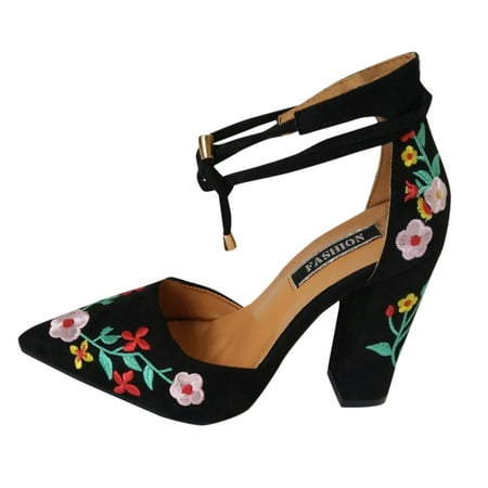 

TAIAOJING Women s Sandals Thick Frosted High Heel Pointed Shoes Embroidered Sandals Zapato