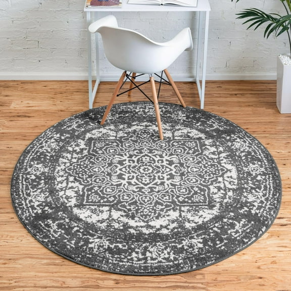 Rugs.com Arlington Collection Rug – 8 Ft Round Dark Gray Medium-Pile Rug Perfect For Kitchens, Dining Rooms