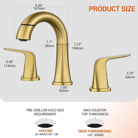 Gold Bathroom Faucet with Sprayer - Brushed Gold Faucets for Sink 3 Holes, Bathroom Pull Down Faucet, 2 Handles 8 Inch Widespread Vanity Faucet with Pull Out Sprayer & Pop-up Drain