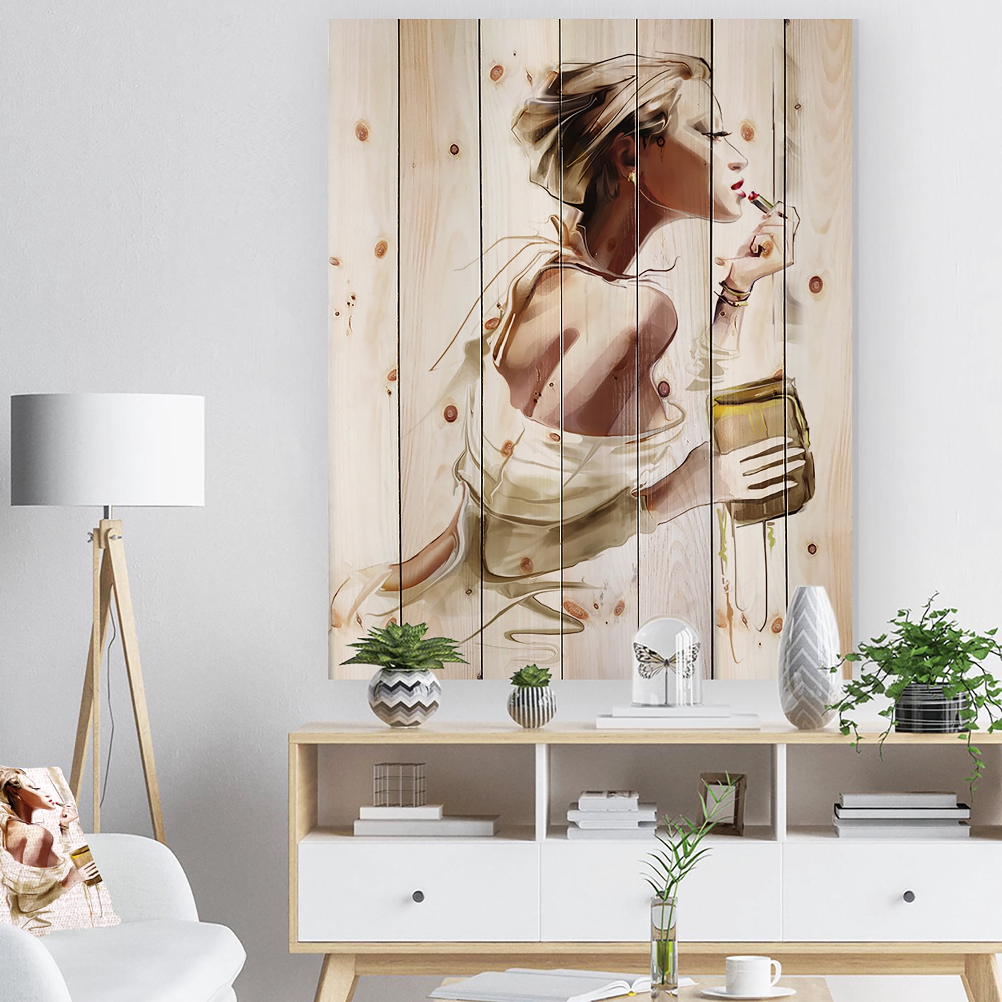 Designart Fashion Woman Street Art Print on Natural Pine Wood Art Print, 36" x 46"