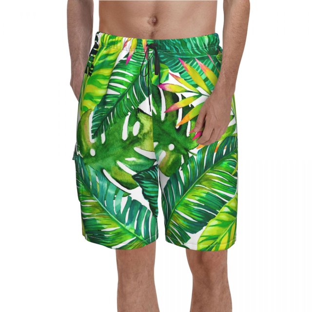 Palm Leaves Board Shorts Red Flowers Print Beach Short Pants Elastic Waist Comfortable Design Swim Trunks Plus Size 2XL