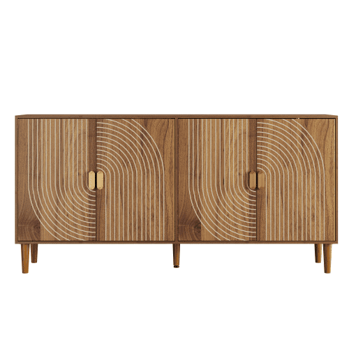 62.6" 4-Door Sideboard Buffet Cabinet, Mid-Century Modern Farmhouse Credenza with Vertical Grooved Doors, Adjustable Shelves, Accent Storage Cabinet for Dining Room, Living Room, Entryway, Walnut