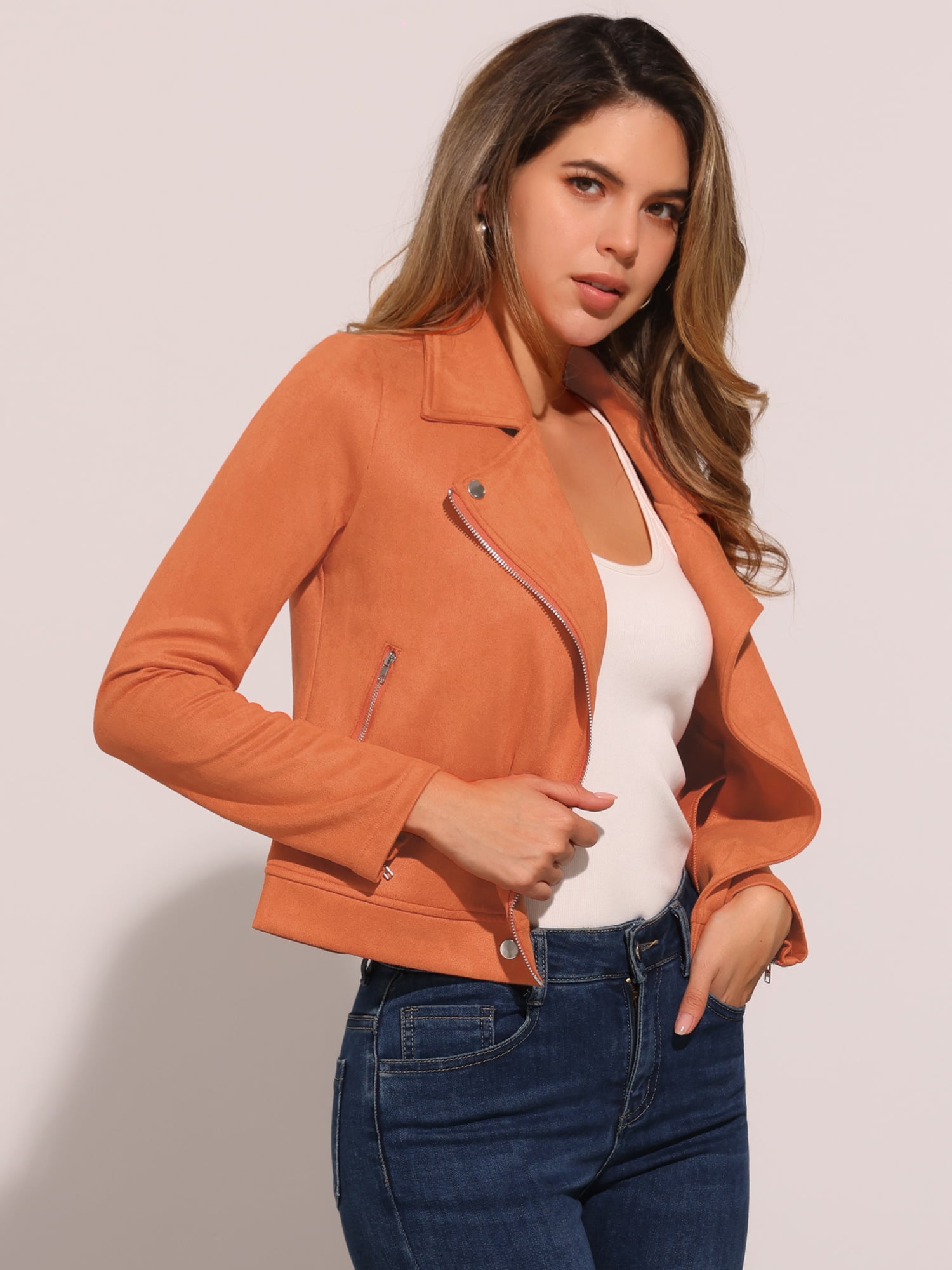 DARING DIVA Short Zip Up Convertible Collar Faux Suede Jacket XS Orange